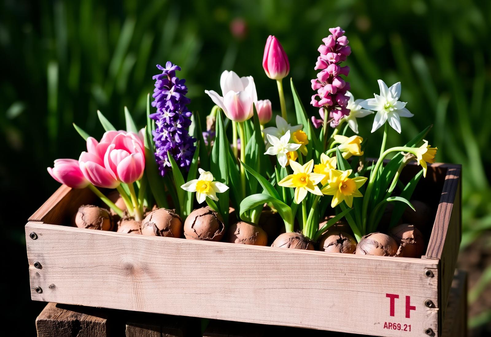 Flower bulbs sprouting in a wooden crate
